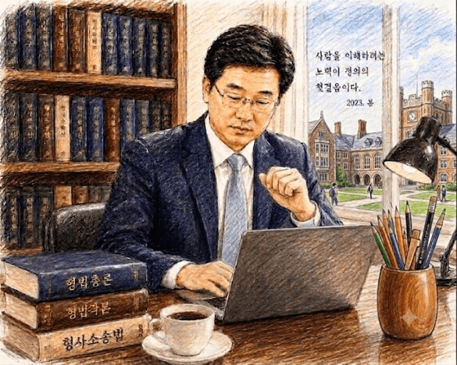 책상 램프 아래 글을 쓰는 학자와 책, 원고가 있는 서재를 담은 수채화 일러스트